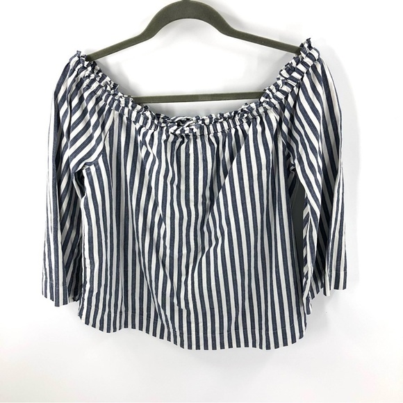 Madewell Size Medium Shimmer Stripe Off Shoulder Top Blue White Shirt Blouse - Picture 5 of 10